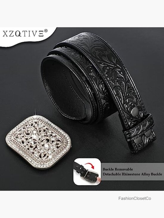 Genuine Leather Western Belt with Rhinestone Buckle